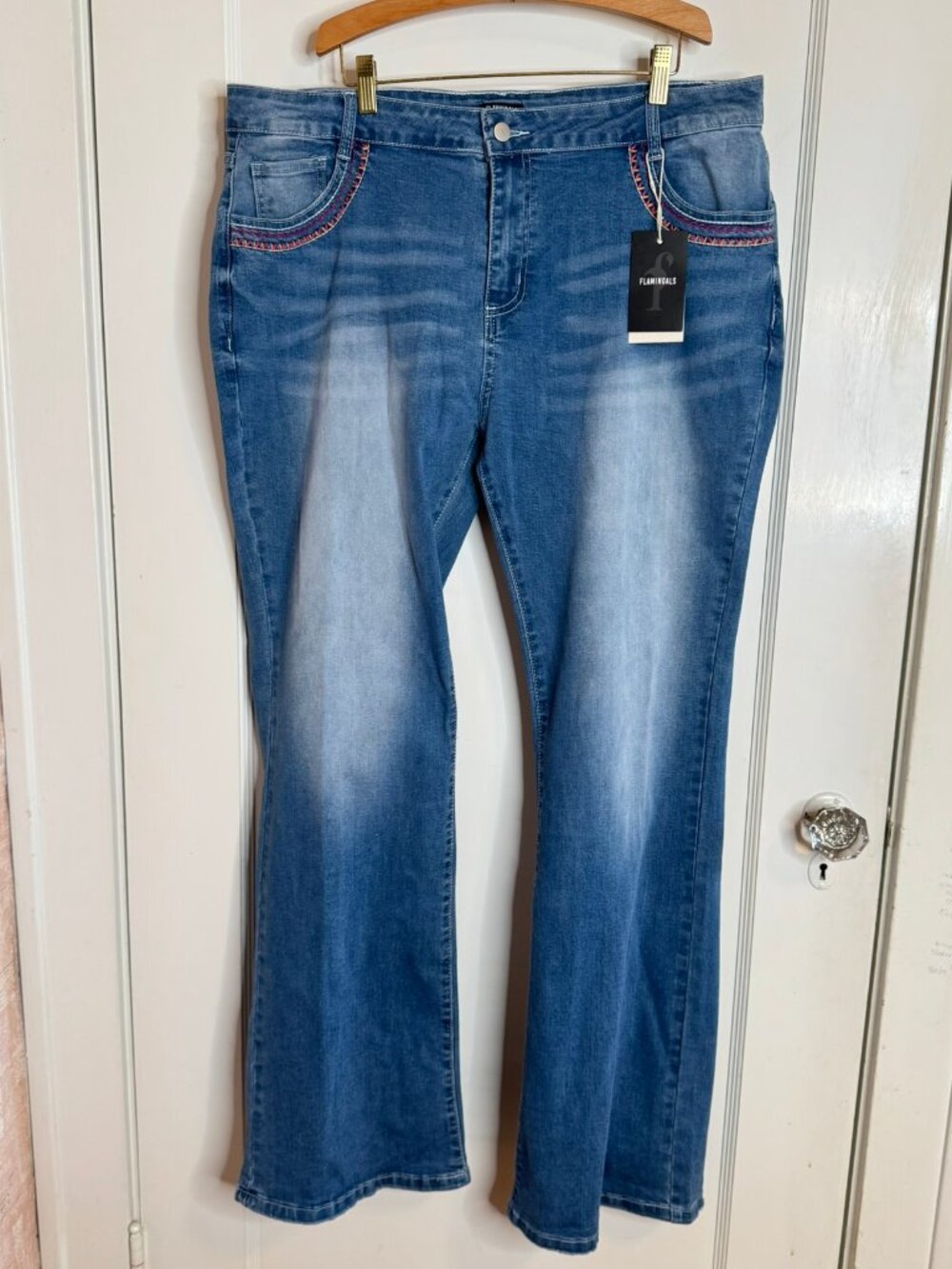 Flamingals Wide Leg Blue Faded Jeans Embroidery sz 3XL NWT